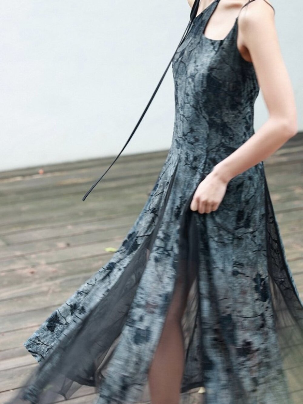 New Chinese Ink-Wash Mesh Dress 🖤 Dark Grunge Halter Maxi (S)